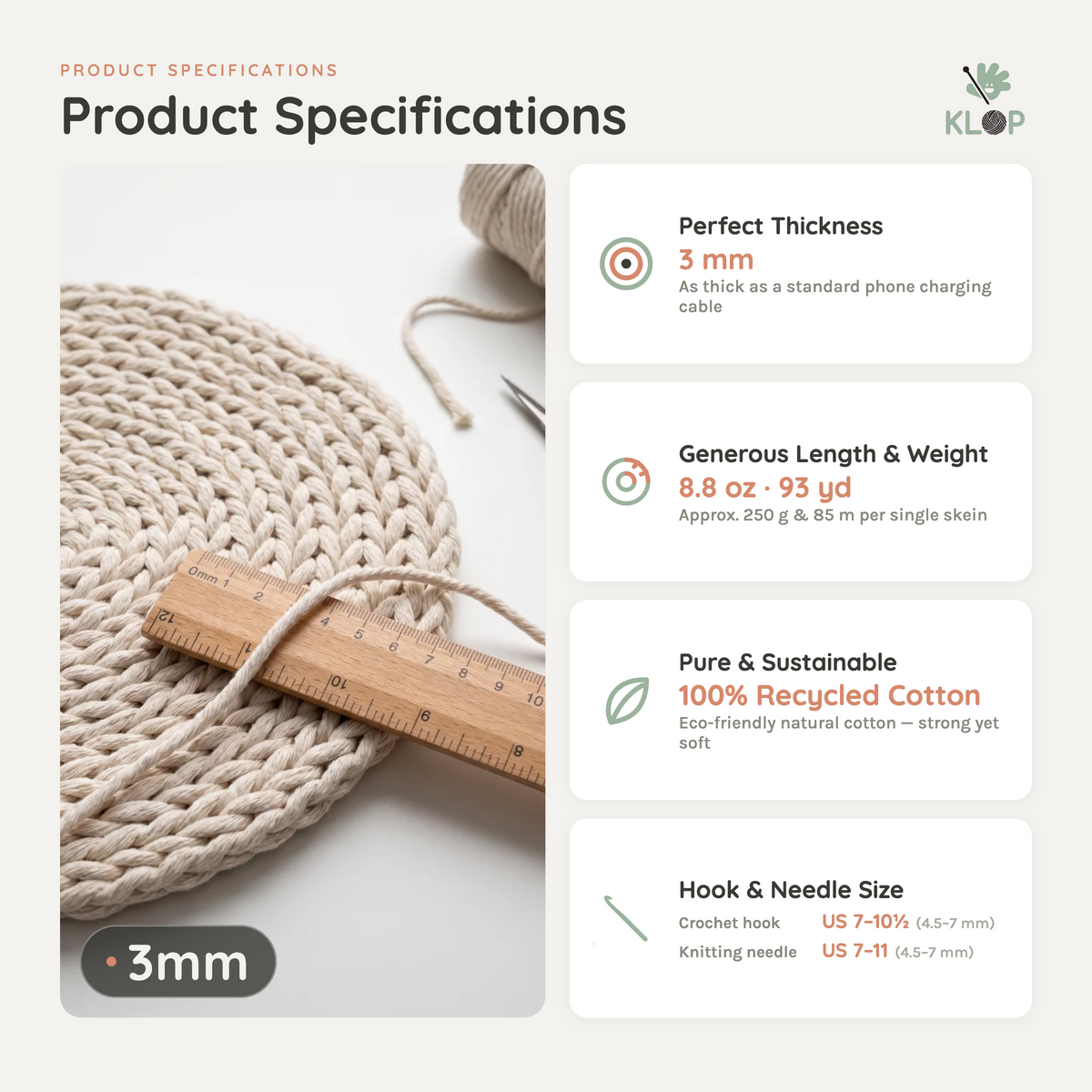 KLOP 3mm Single Strand Cotton Macrame Cord info